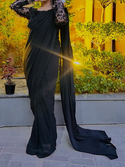 Elegant Embroided Chiffon Pallu Saree Stitched