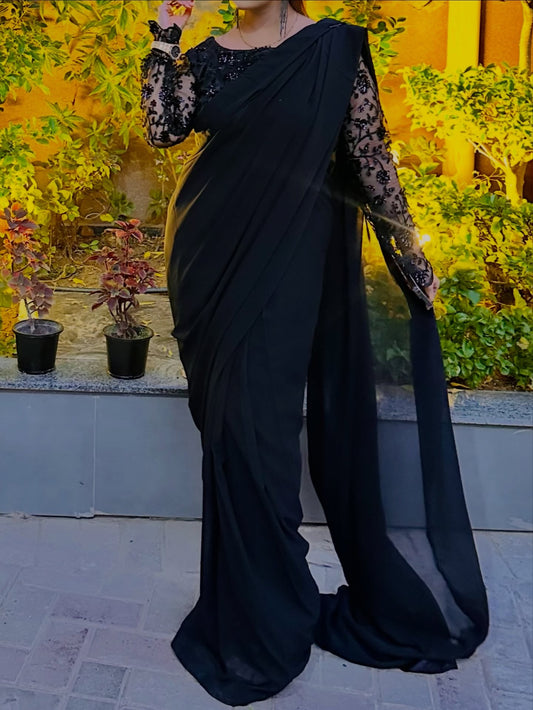 Elegant Embroided Chiffon Pallu Saree Stitched