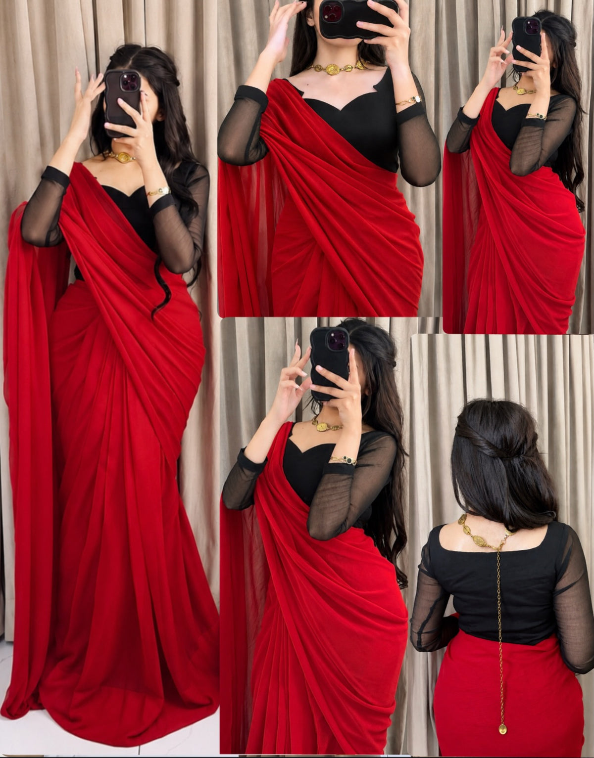 Scarlet Muse – Red Saree with Black Sheer-Sleeve Blouse