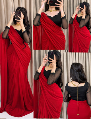 Scarlet Muse – Red Saree with Black Sheer-Sleeve Blouse