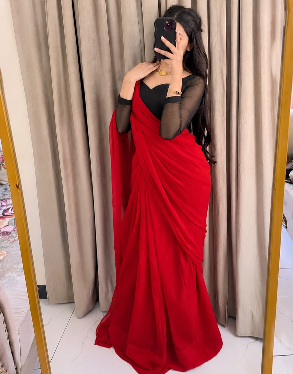 Scarlet Muse – Red Saree with Black Sheer-Sleeve Blouse