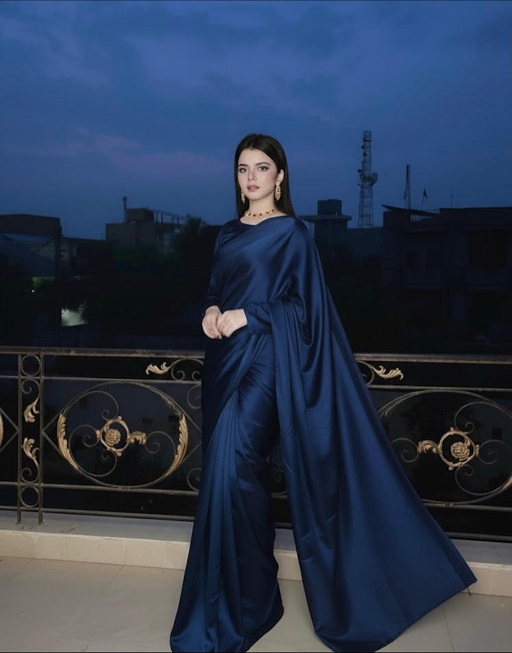 Navy Blue Stitched Plain Silk Saree