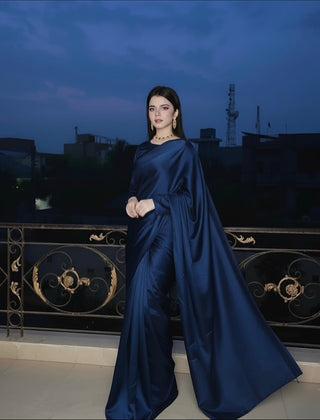 Navy Blue Stitched Plain Silk Saree