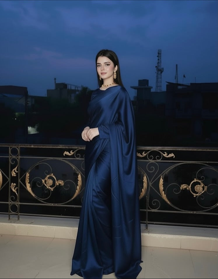 Navy Blue Stitched Plain Silk Saree