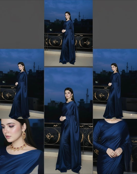 Navy Blue Stitched Plain Silk Saree