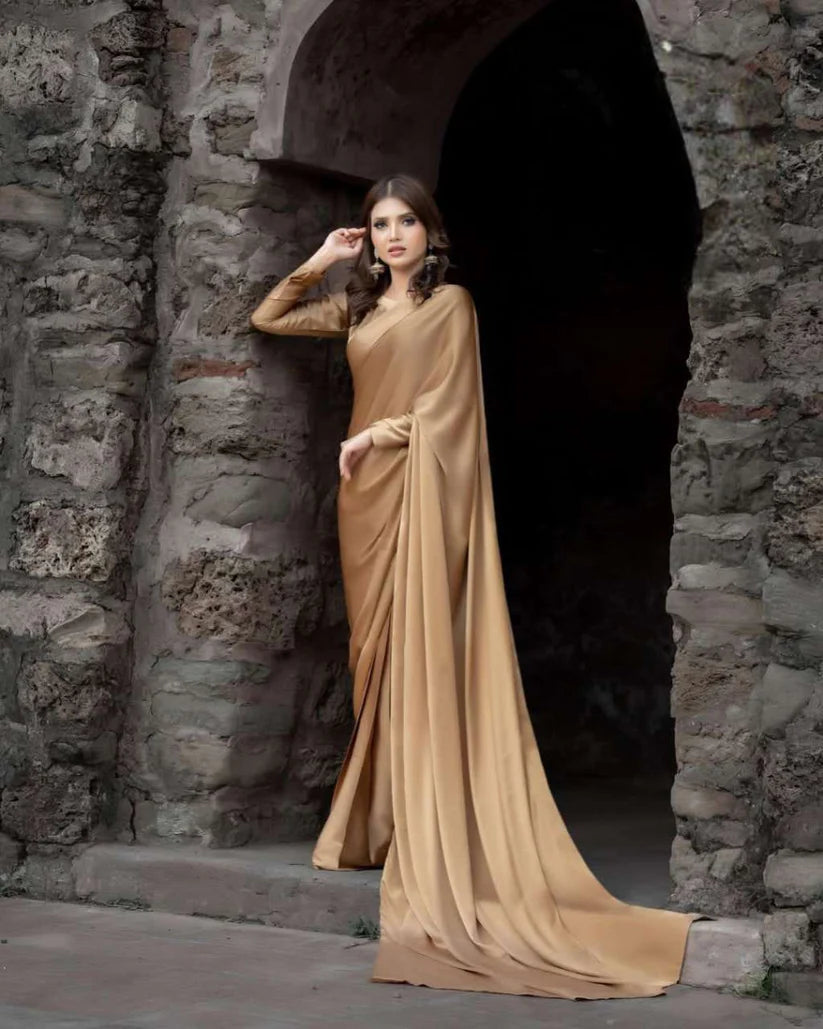 Champagne Gold Stitched Plain Silk Saree