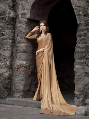 Champagne Gold Stitched Plain Silk Saree