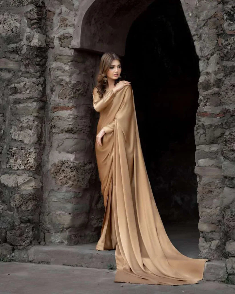 Champagne Gold Stitched Plain Silk Saree