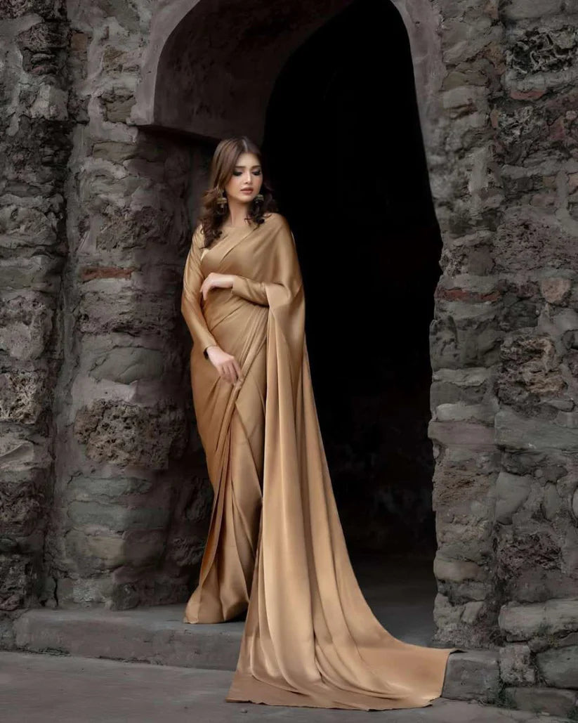 Champagne Gold Stitched Plain Silk Saree