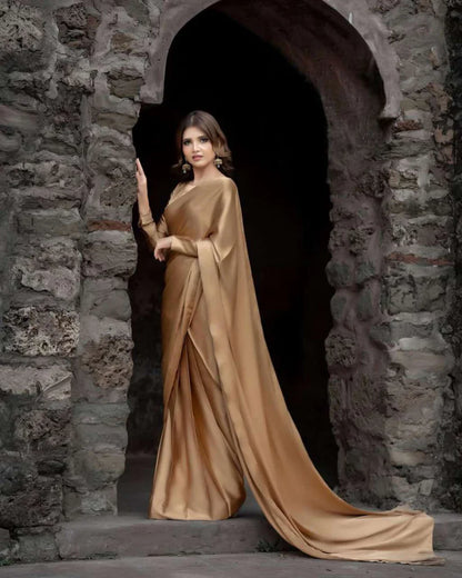 Champagne Gold Stitched Plain Silk Saree