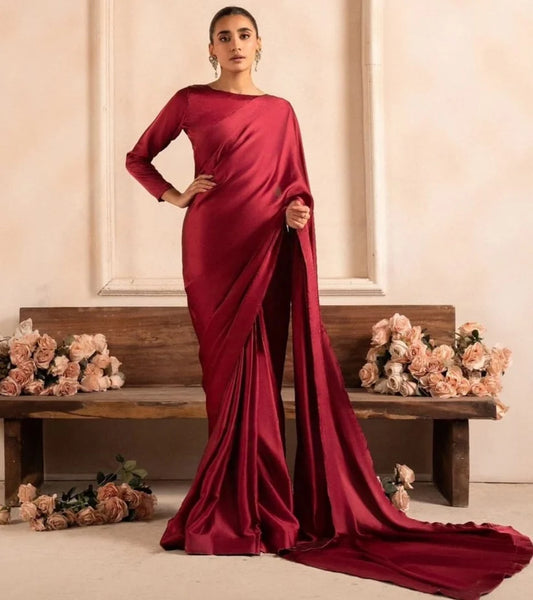 Maroon Stitched Plain Silk Saree