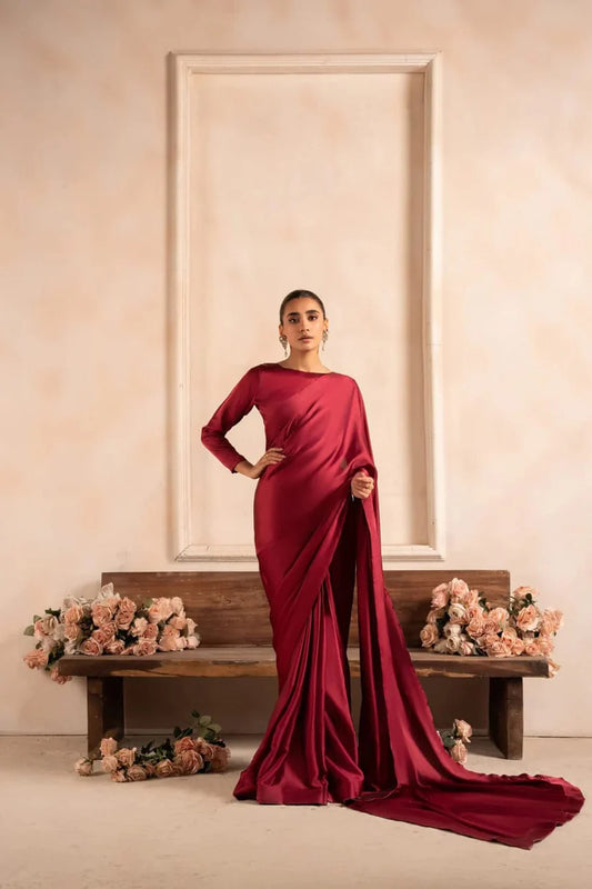 Maroon Stitched Plain Silk Saree
