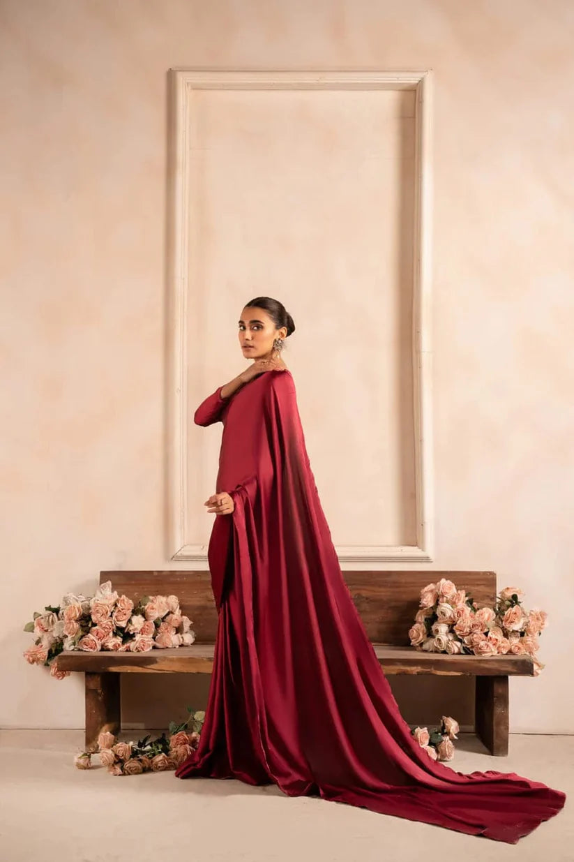 Maroon Stitched Plain Silk Saree