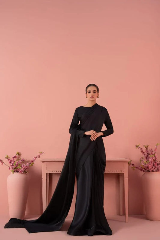 Black Stitched Plain Silk Saree