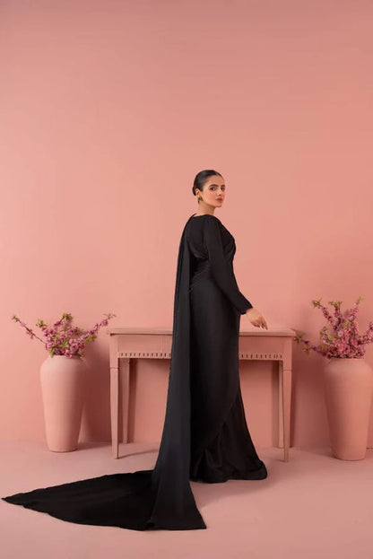 Black Stitched Plain Silk Saree