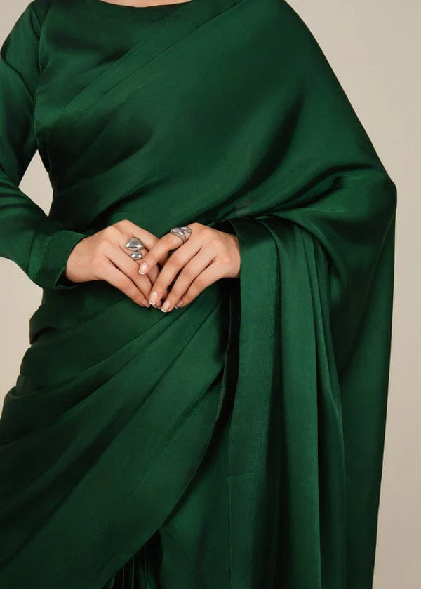 Bottle Green Stitched Plain Silk Saree