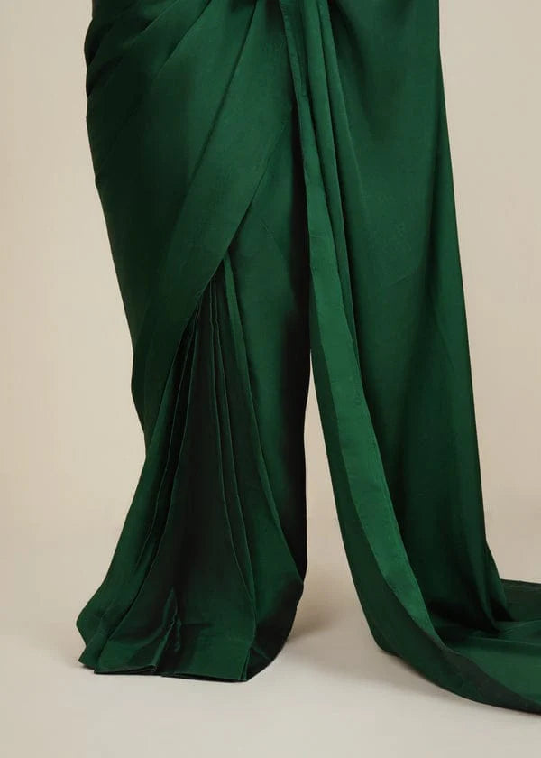 Bottle Green Stitched Plain Silk Saree