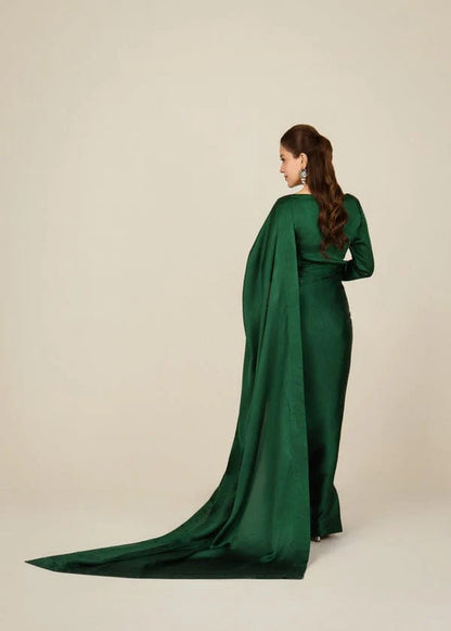 Bottle Green Stitched Plain Silk Saree