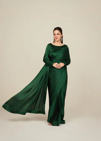 Bottle Green Stitched Plain Silk Saree