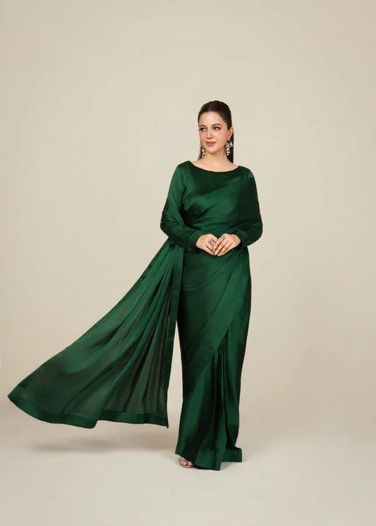 Bottle Green Stitched Plain Silk Saree
