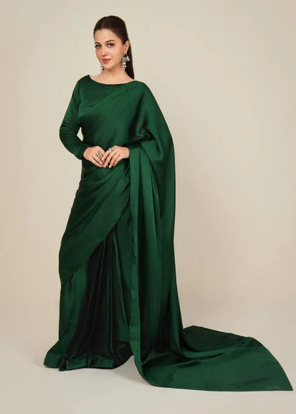 Bottle Green Stitched Plain Silk Saree