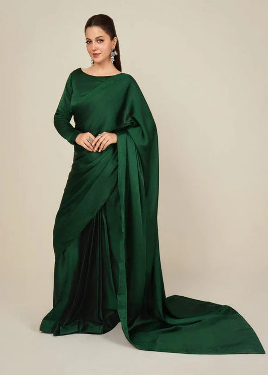 Bottle Green Stitched Plain Silk Saree