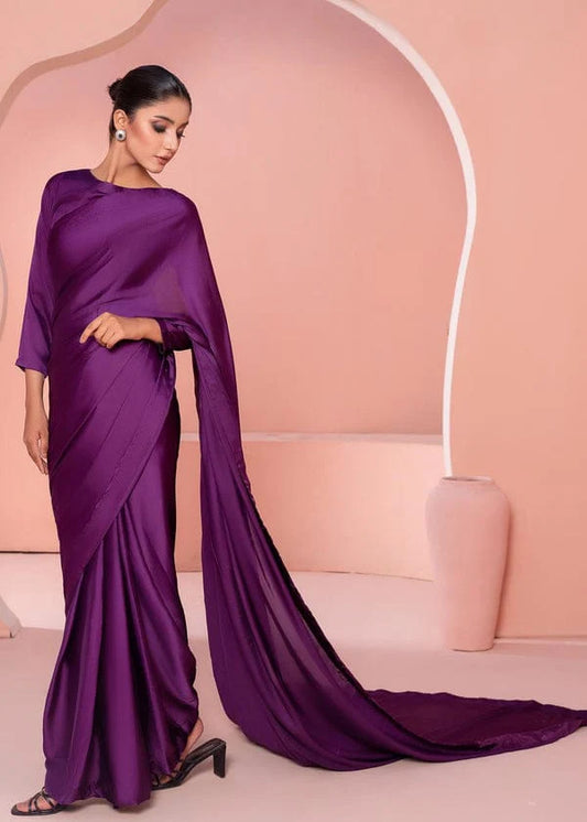 Purple Stitched Plain Silk Saree