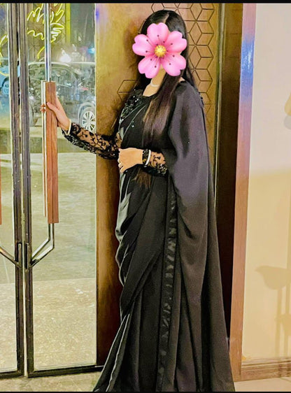 Elegant Embroided Chiffon Pallu Saree Stitched