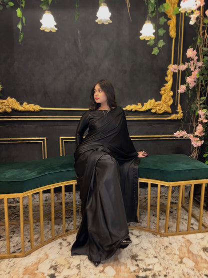 Black Stitched Plain Silk Saree