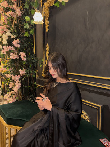 Black Stitched Plain Silk Saree