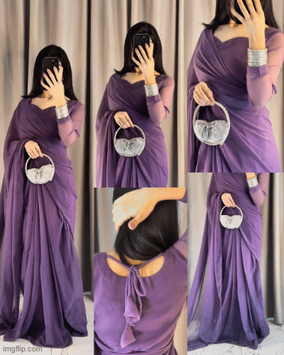 Plain Heart Shaped Neck Grace Signature Chiffon Saree (Stitched)