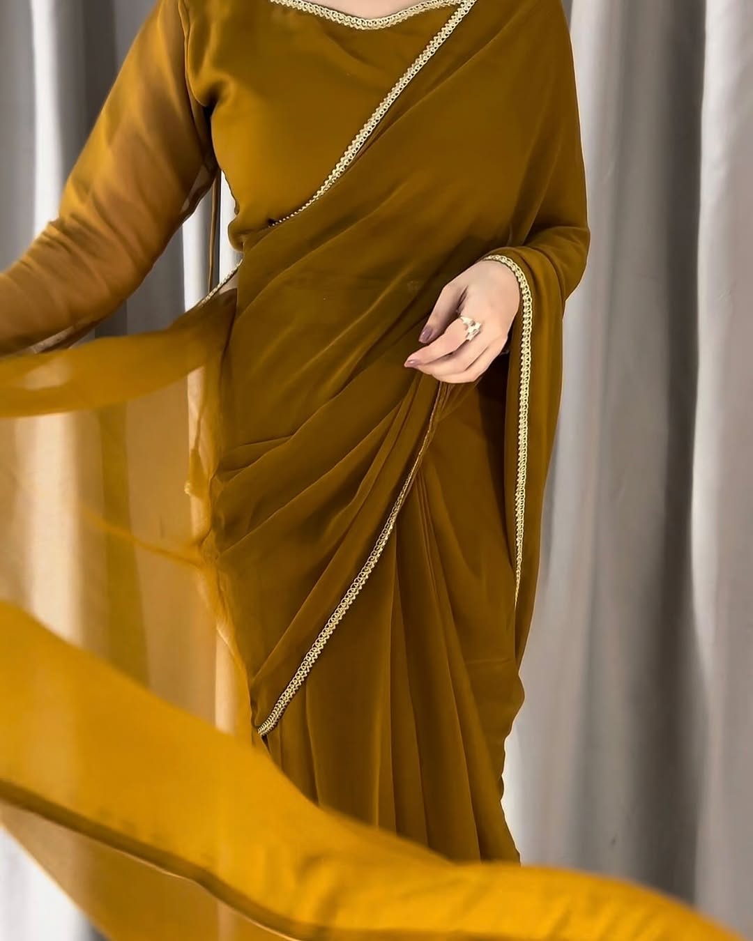 Lace Work Chiffon Saree Stitched