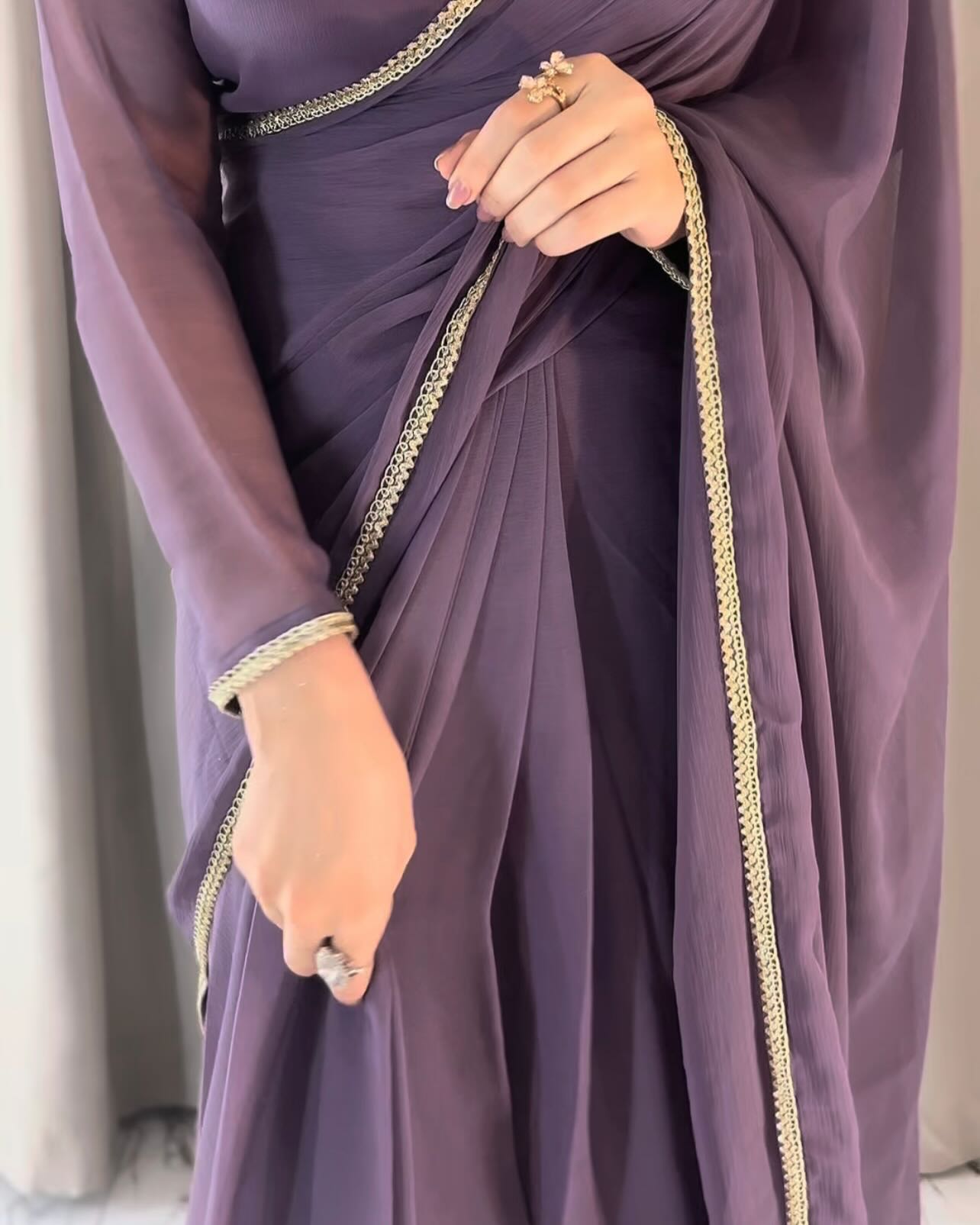 Lace Work Chiffon Saree Stitched
