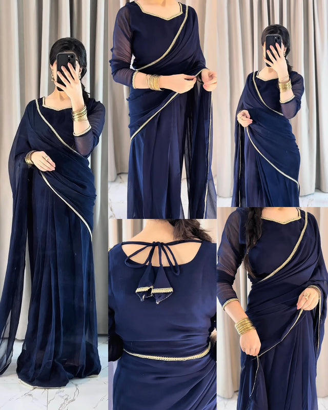 Lace Work Chiffon Saree Stitched