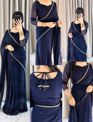 Lace Work Chiffon Saree Stitched