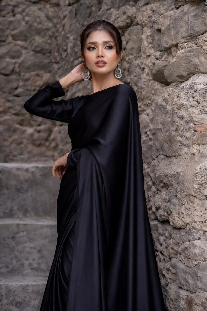 Black Stitched Plain Silk Saree