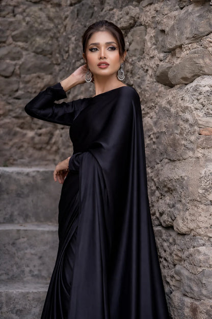 Black Stitched Plain Silk Saree