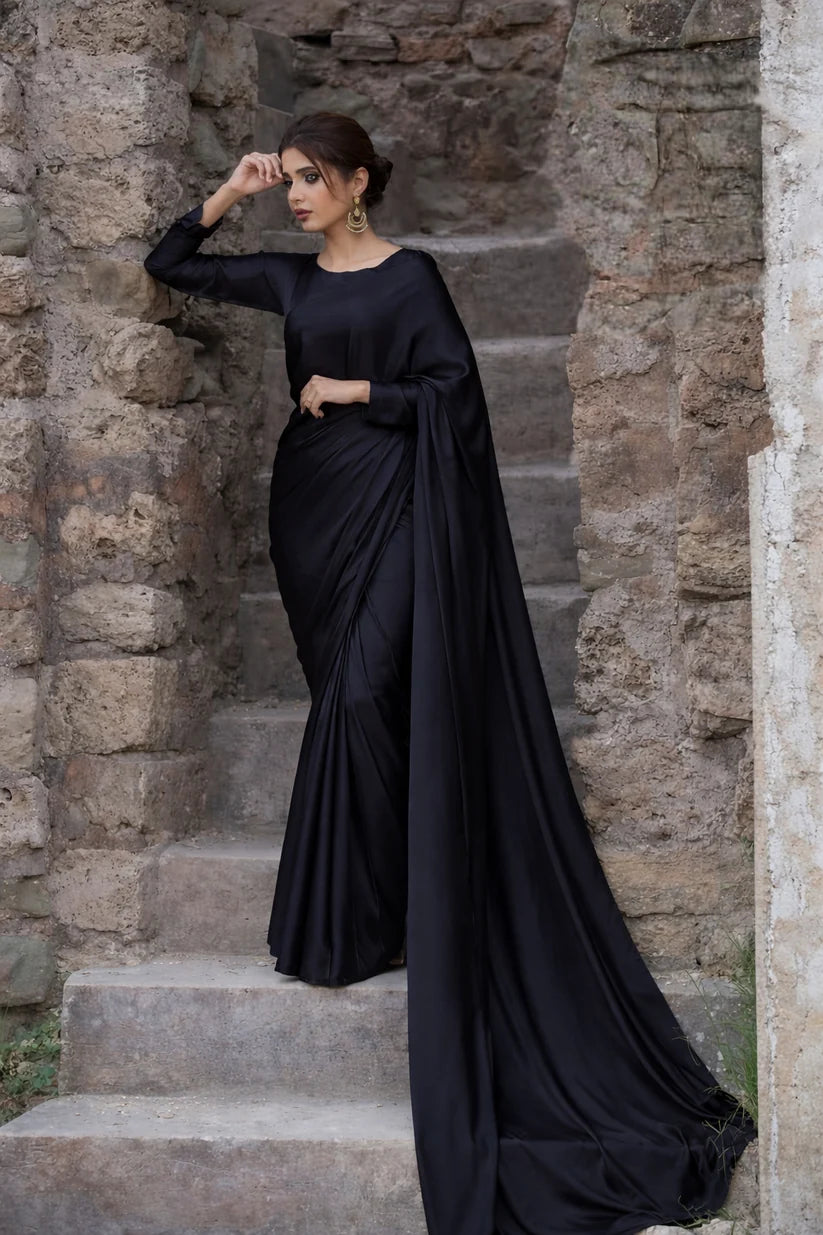 Black Stitched Plain Silk Saree