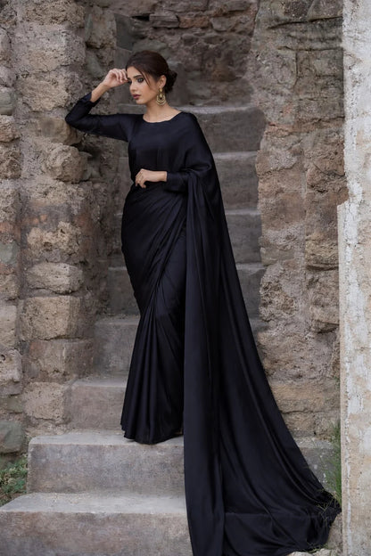 Black Stitched Plain Silk Saree