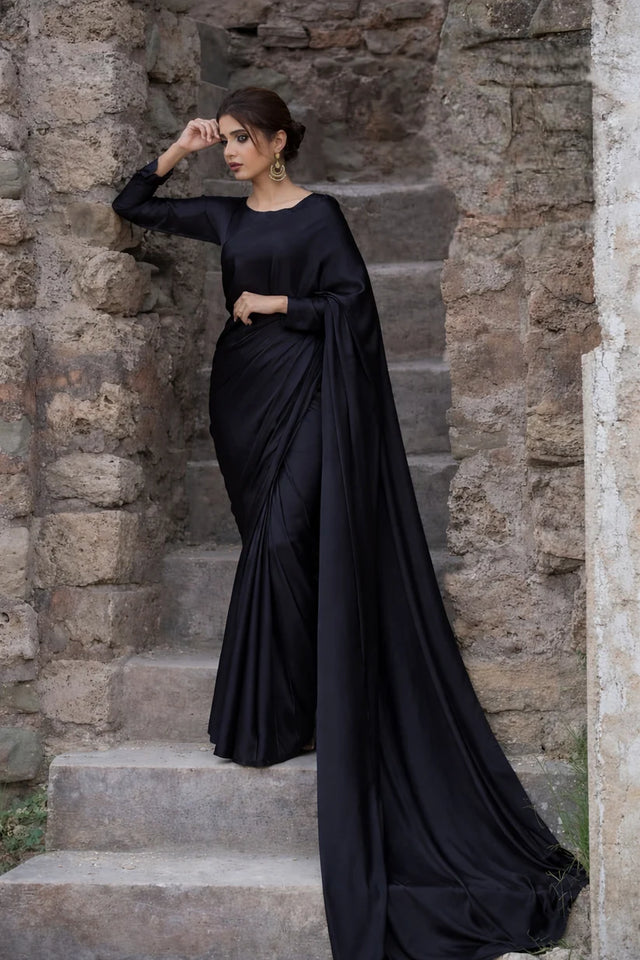 Black Stitched Plain Silk Saree
