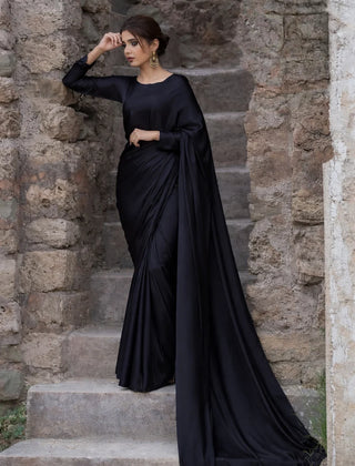 Black Stitched Plain Silk Saree