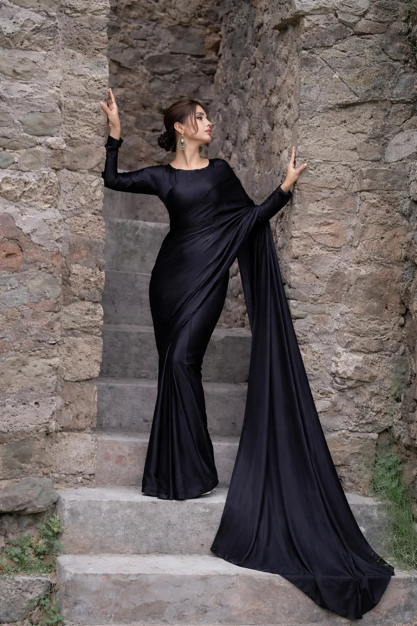 Black Stitched Plain Silk Saree
