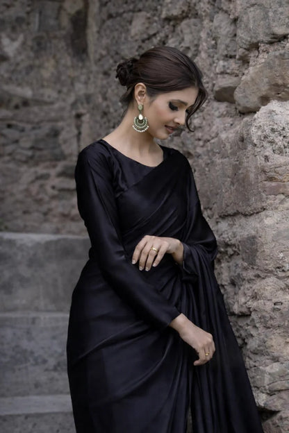 Black Stitched Plain Silk Saree