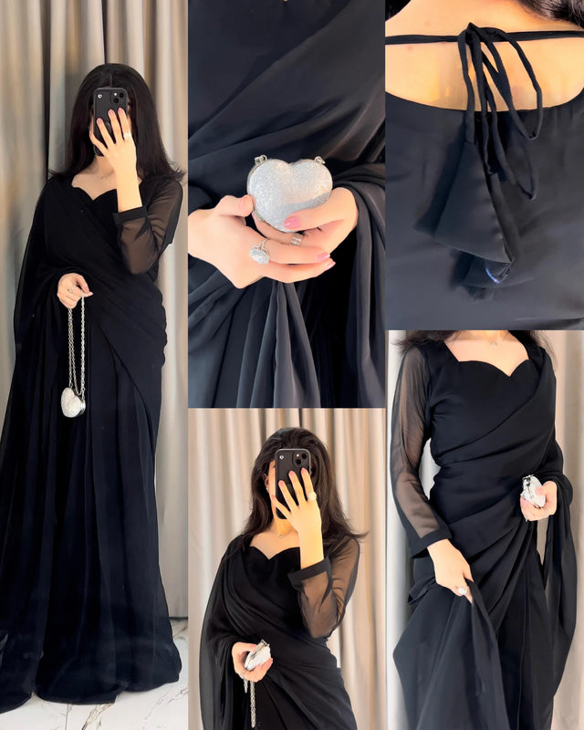 Plain Heart Shaped Neck Grace Signature Chiffon Saree (Stitched)