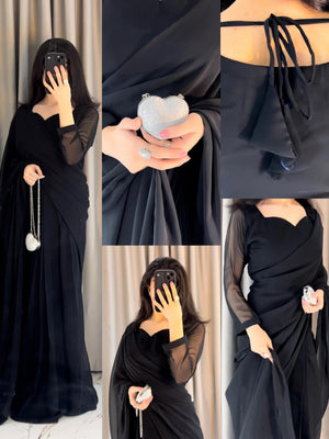 Plain Heart Shaped Neck Grace Signature Chiffon Saree (Stitched)