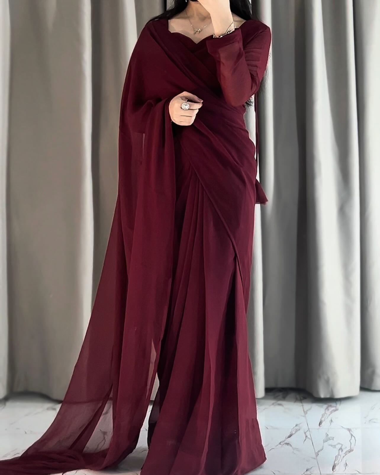 Plain Heart Shaped Neck Grace Signature Chiffon Saree (Stitched)