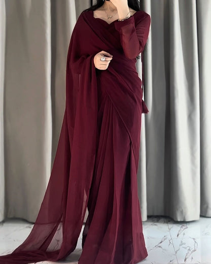 Plain Heart Shaped Neck Grace Signature Chiffon Saree (Stitched)