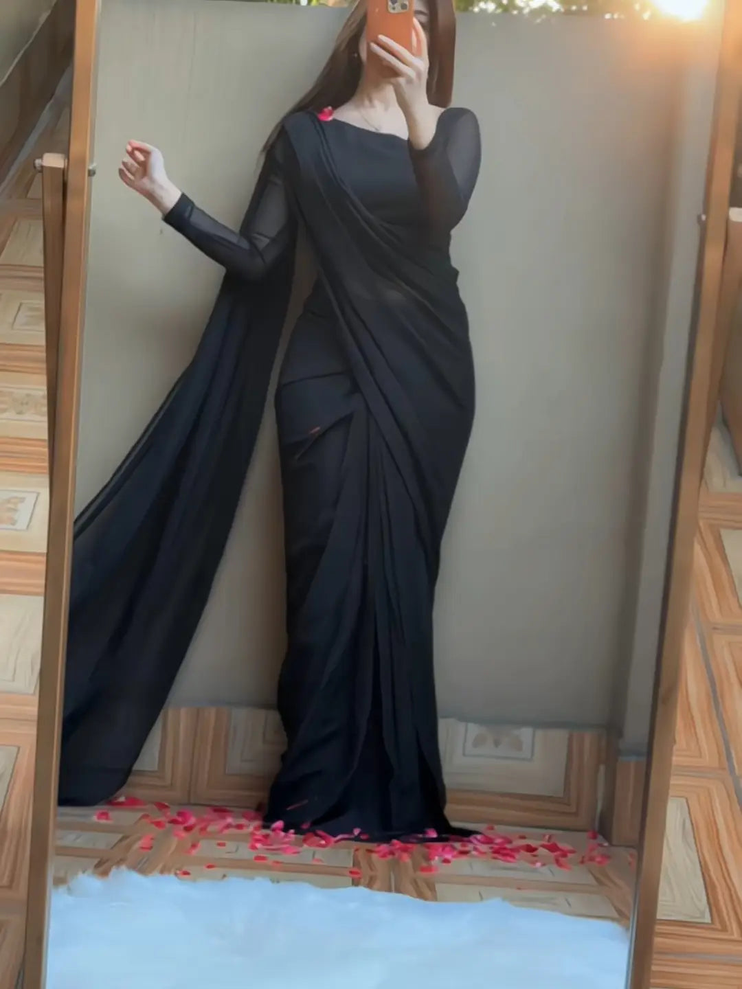 ASYMETRIC DIAGONAL NECK Chiffon Saree