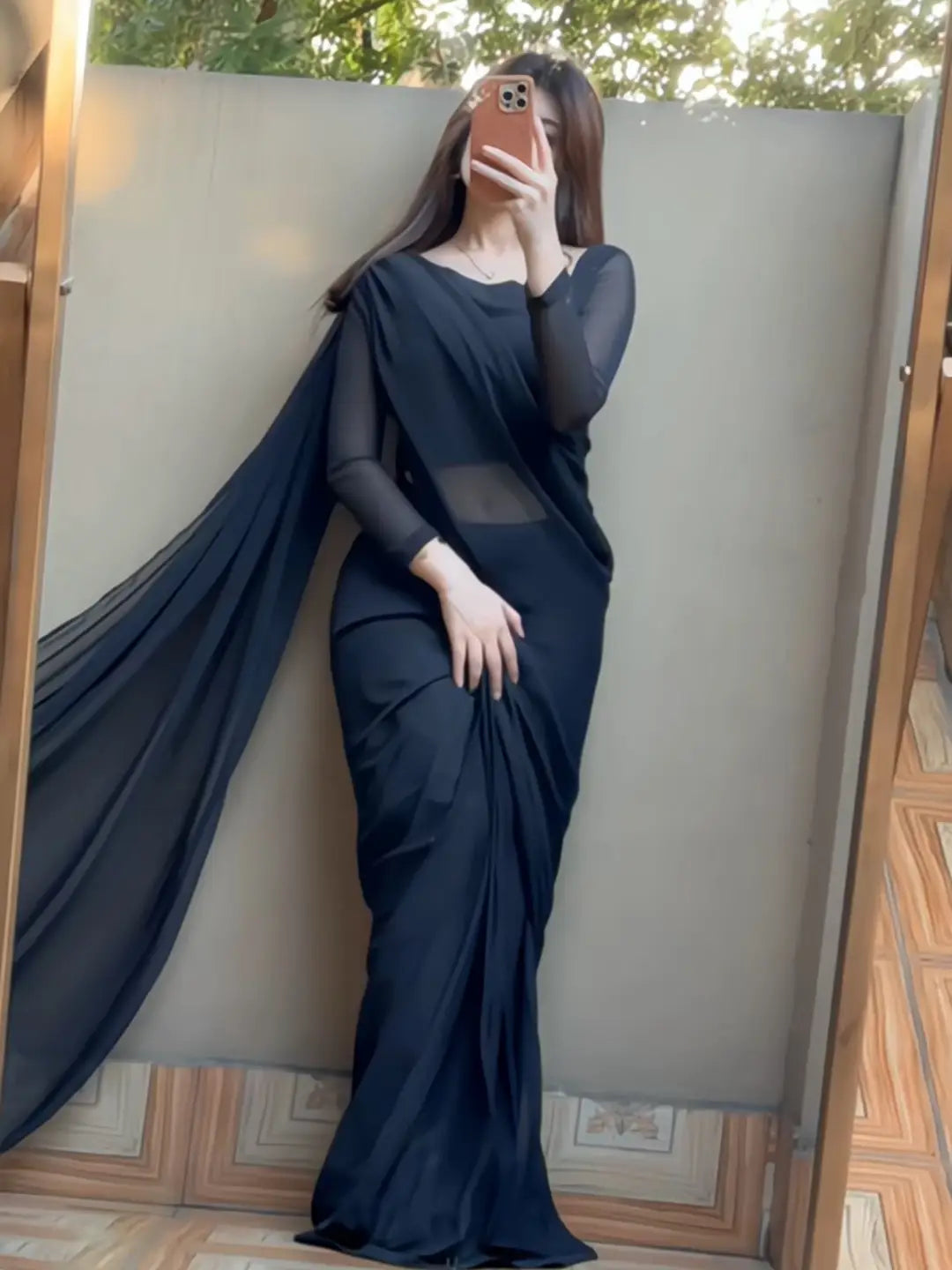 ASYMETRIC DIAGONAL NECK Chiffon Saree