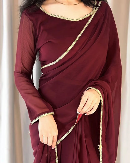 Lace Work Chiffon Saree Stitched